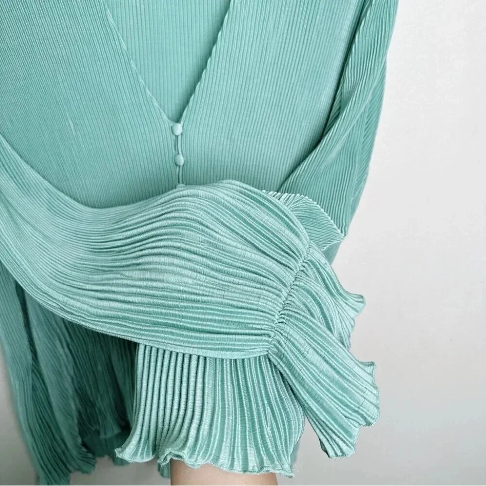 Zara Womens Size Small Pleated Green Button Blouse - Picture 9 of 14